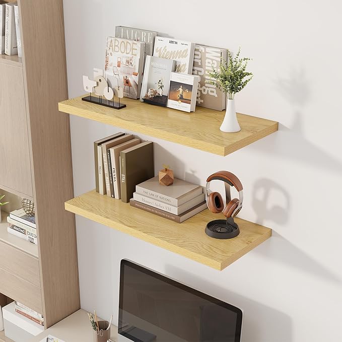 Dreamland 32" Floating Shelves for Wall, 12" Deep Slim Oak Floating Shelves, Wall-Mounted Shelves for Bedroom, Living Room, Kitchen, Bathroom - Set of 2
