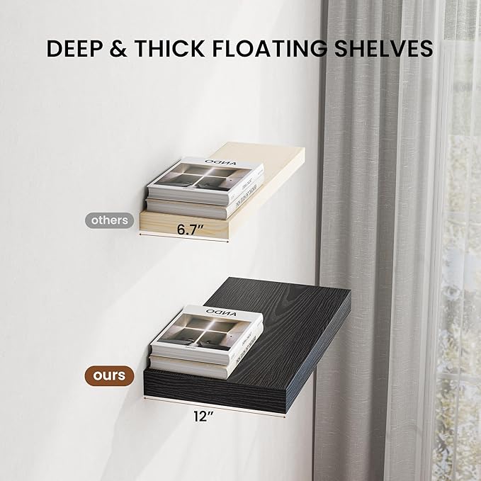 Dreamland 55" Floating Shelves for Wall, 12" Deep Thicker Black Floating Shelves, Wall-Mounted Shelves for Bedroom, Living Room, Kitchen, Bathroom - Set of 1