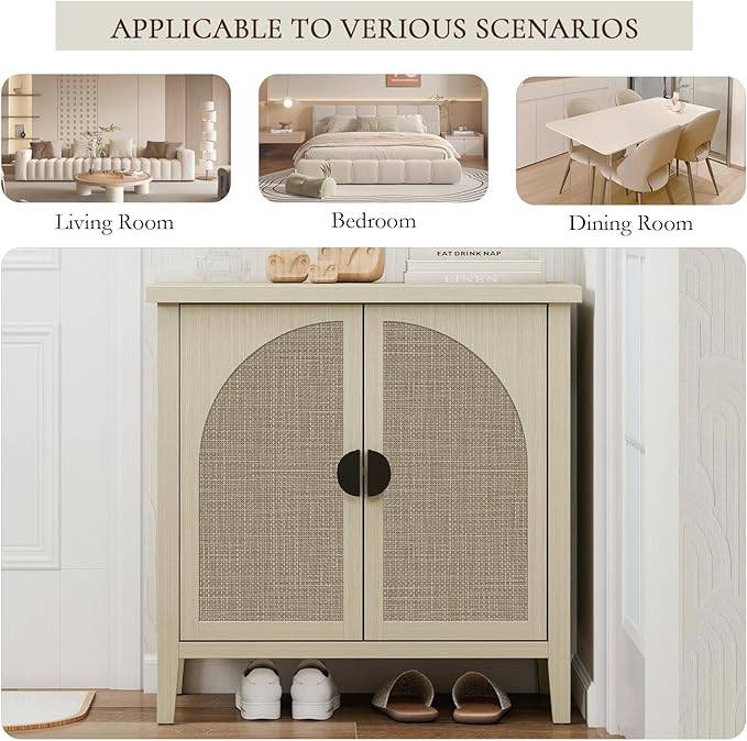 Rattan Door Sideboard Buffet Cabinet, Modern 2-Door Coffee Bar with Adjustable Shelf, Small Wood Credenza Cabinet with Storage for Living Room, Dining Room, Entryway, Natural