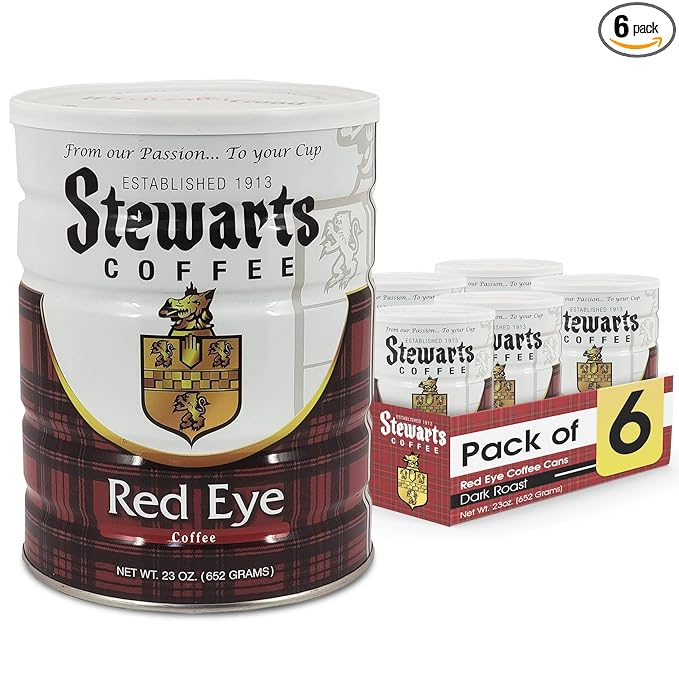 Stewarts - Red Eye Ground Coffee - Dark Roast - Vacuum Sealed Bags - Bold & Rich Dark Roast Ground Coffee - Ideal for Morning Energy & All-Day Enjoyment - Freshly Packed Flavor (23oz, Pack of 6)