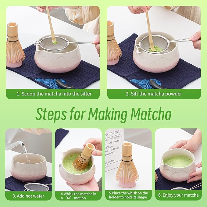 TEANAGOO 7 Pcs Matcha Whisk Set, Pink Matcha Set, Ceremony Matcha Powder Kit,Matcha Tea Set for Making Latte,Matcha Whisk Set and Bowl with Scoop&Sifter,Fuji Design Ceramic Bowl,Gift for Matcha Lovers