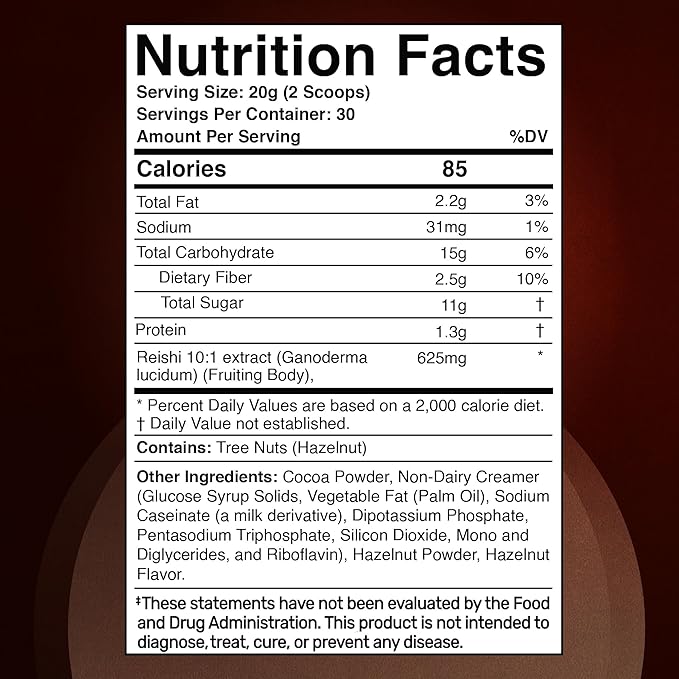 Mushroom Hazelnut Powder with Reishi 10:1 Extract, Hot Cocoa Powder Caffeine-Free Mushroom Coffee Alternative - Adaptogenic Superfood Drink for Focus, Relaxation, and Mood Support - 30 Servings