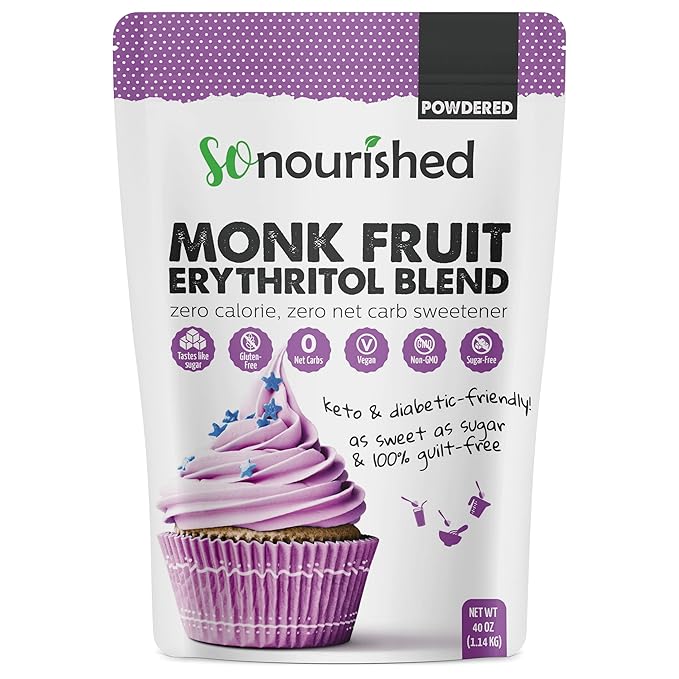 So Nourished Powdered Monk Fruit Sweetener with Erythritol, 1:1 Sugar Substitute, Keto, 0 Calorie, 0 Net Carb, Non-GMO (2.5 Pounds)