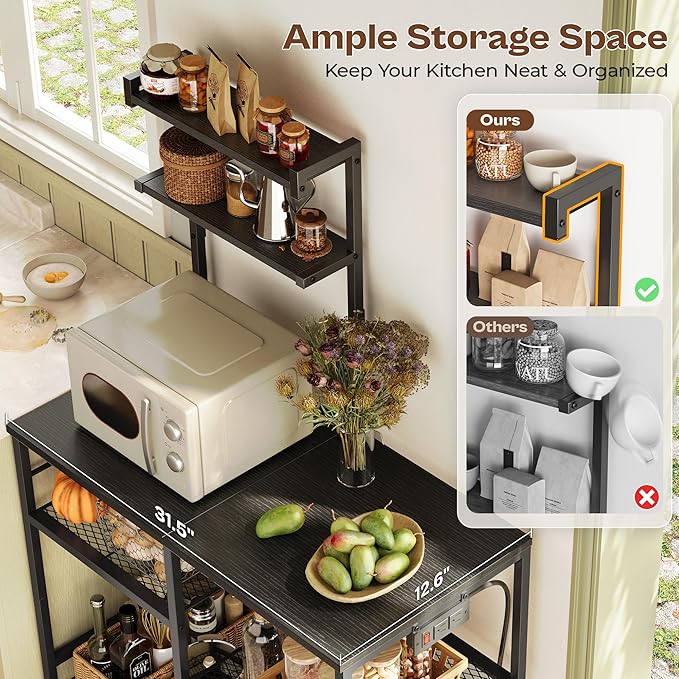 Huuger 31.5 Inch Bakers Rack with Power Outlets, Kitchen Microwave Stand with Storage, Coffee Bar with 4 Hooks, 3-Level Height Open Shelves, Black