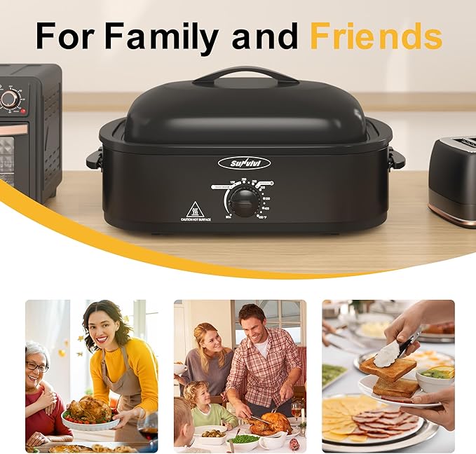 Sunvivi 14-Quart Roaster Oven with Self-Basting Lid, Electric Turkey Roaster Oven with Removable Pan and Rack, Stainless Steel, Black