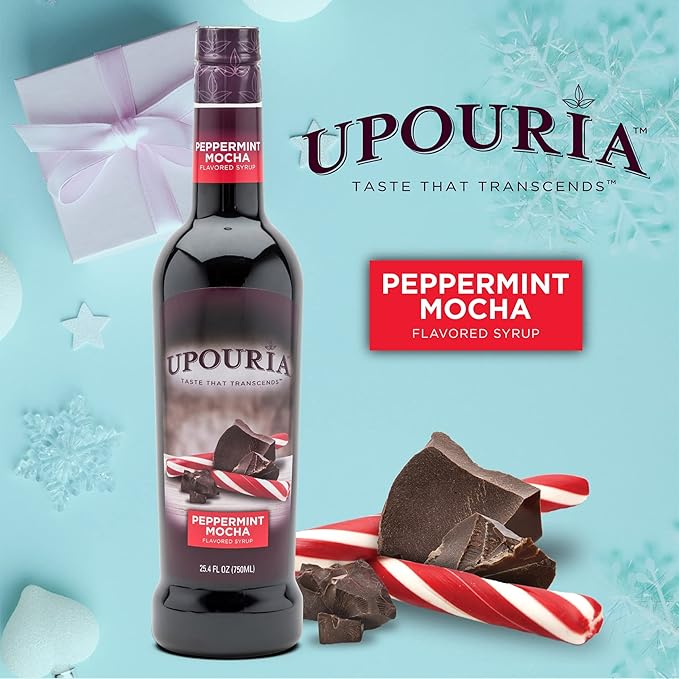 Upouria Peppermint Mocha Coffee Syrup Flavoring, 100% Vegan, Gluten-Free, Kosher, 750 mL Bottle (Pack of 2) with Coffee Syrup Pump
