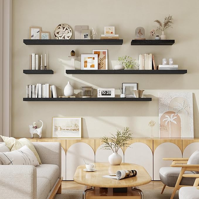 Fun Memories 72 Inch Floating Shelves for Wall, Fireplace Mantel Shelf with Invisible Heavy Duty Bracket, 8 Inch Deep Storage Shelf for Living Room, Kitchen, Farmhouse, Black