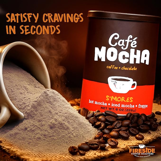 Fireside Coffee S'mores Cafe Mocha - Premium Instant Coffee Chocolate Blend - Versatile Caffeinated Drink Mix for Hot, Iced, Milkshake, and Mocha Frappe Mix, Only Add Water and Enjoy, 8 Ounces