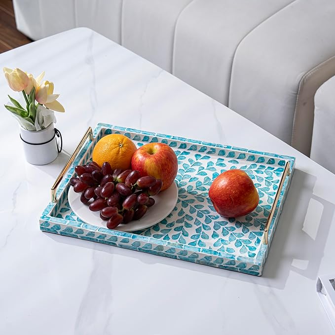PEMAR Capiz Shell Decorative Tray with Gold Handles – 15.7"x11.8" Rectangular Display & Serving Tray for Vanity, Dresser, Bathroom (Teal Floral)