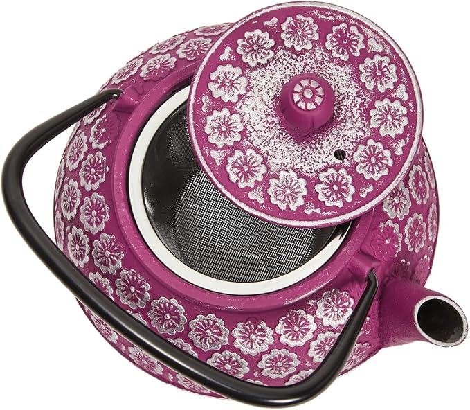 Juvale Cast Iron Tea Kettle with Infuser - Stovetop Brewing & Heat Retention - Floral Purple Cast Iron Teapot - Built-In Loose-Leaf Tea Infuser Pot - 34 oz, Medium