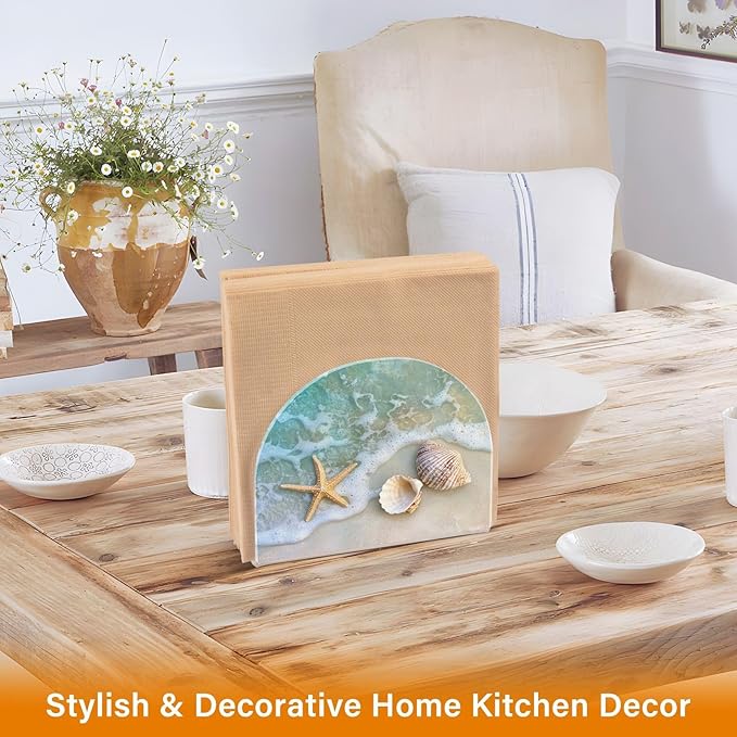 Napkin Holder Acrylic Napkin Holders for Table, Tissue Paper Cocktail Napkin Holder for Kitchen Dinner Napkins Dispenser for Bar Accessories, Blue Beach 1 Pack