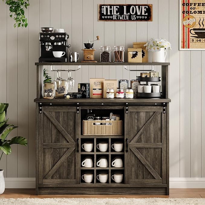 4ever2buy Farmhouse Coffee Bar with LED Lights, 47 inch Coffee Bar Cabinet with Storage, Wine Bar Cabinet with Glass & Wine Racks for Living, Dining Room, Grey