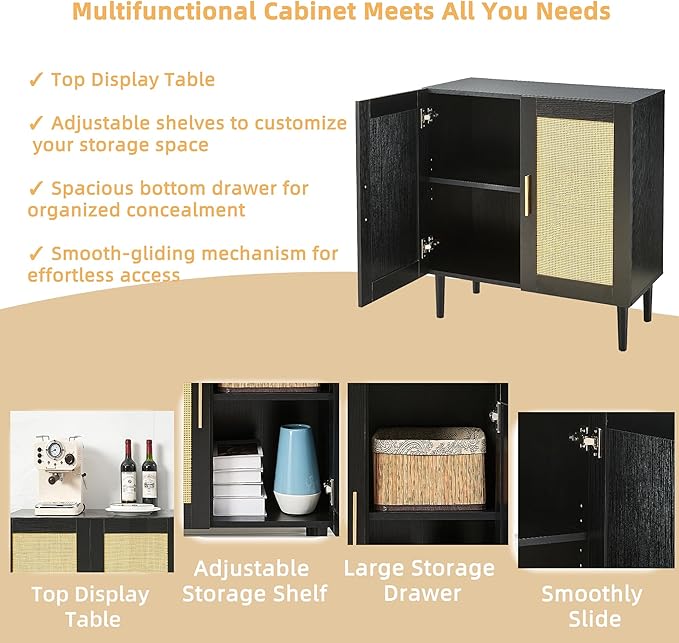 27.9 Inch Accent Sideboard Buffet Cabinet with Storage, Rattan Cabinet with Doors and Shelves, Black Farmhouse Coffee Bar Kitchen Storage Cabinets for Entryway Living Room