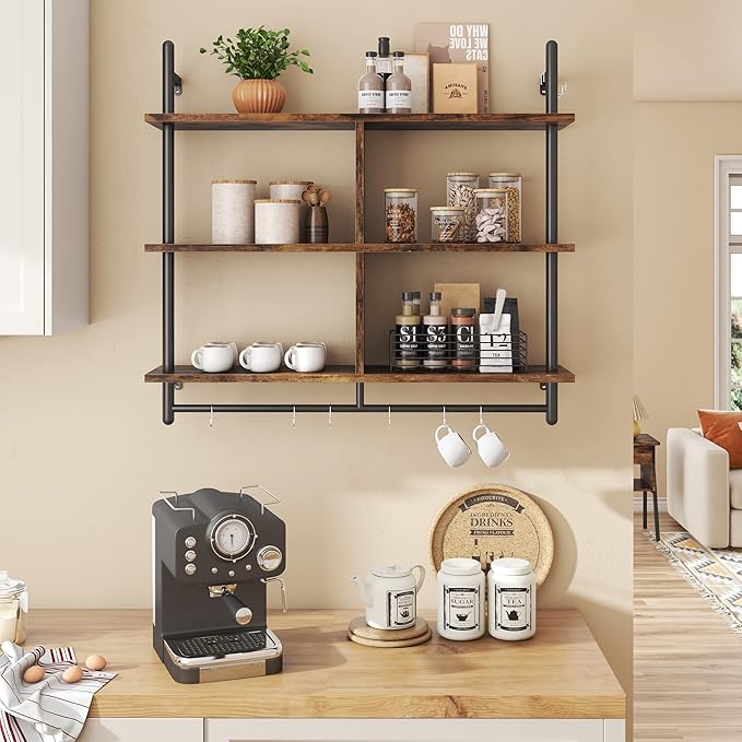 Bestier 41.5" Floating Shelves for Wall 3 Tier Kitchen Shelves Wall Mounted Coffee Bar Shelf Hanging Shelf with 8 Hooks, Industrial Display Pipe Shelving for Kitchen Living Room Bathroom, Rustic Brown