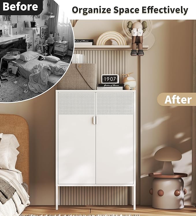 White Metal Storage Cabinet with 2 Doors - 47''H Locker Cabinet, 3 Tier Locker with Adjustable Shelves, Office Storage Locker for Office, Home, Living Room, Kitchen