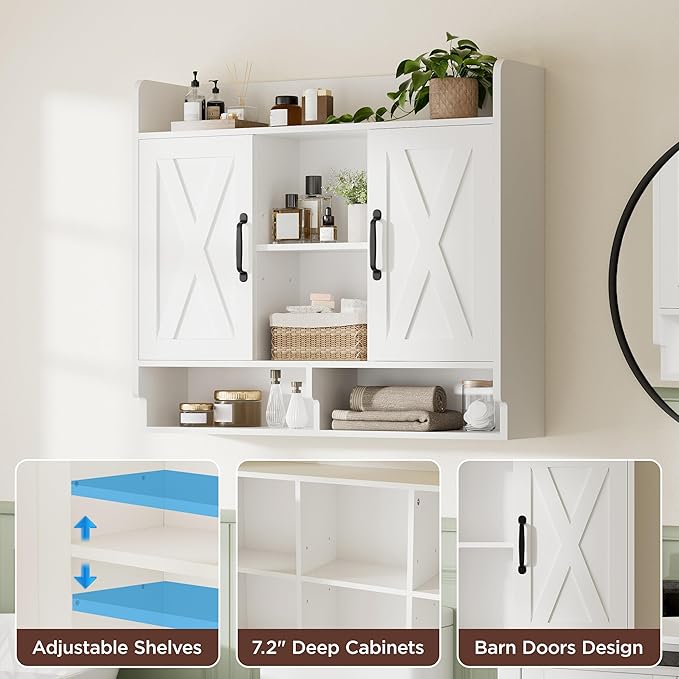 White Bathroom Wall Cabinet, Wall Mount Storage Cabinet, Floating Medicine Cabinet with 4 Open Shelves and 6 Deep Cabinets Over The Toilet for Laundry Room, Kitchen