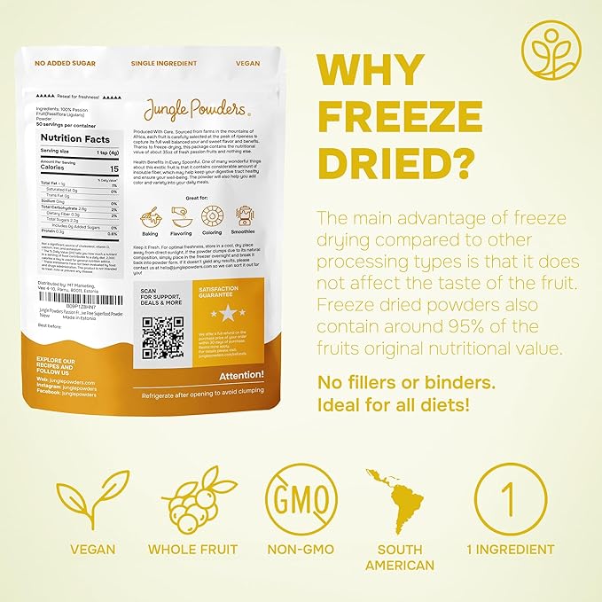 Jungle Powders Passion Fruit Powder 7 Ounce, Freeze Dried Passion Fruit Puree Powder for Baking Smoothies Lilikoi Granadilla Additive Free Purée Extract Fruit Juice Supplement