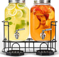 Dual Gallon Glass Beverage Dispensers with Metal Stand, Stainless Steel Spigot, Metal Lid and Drip Trays- Gallon Glass Yorkshire Mason Container for Kombucha Fermenting, Iced Tea and more