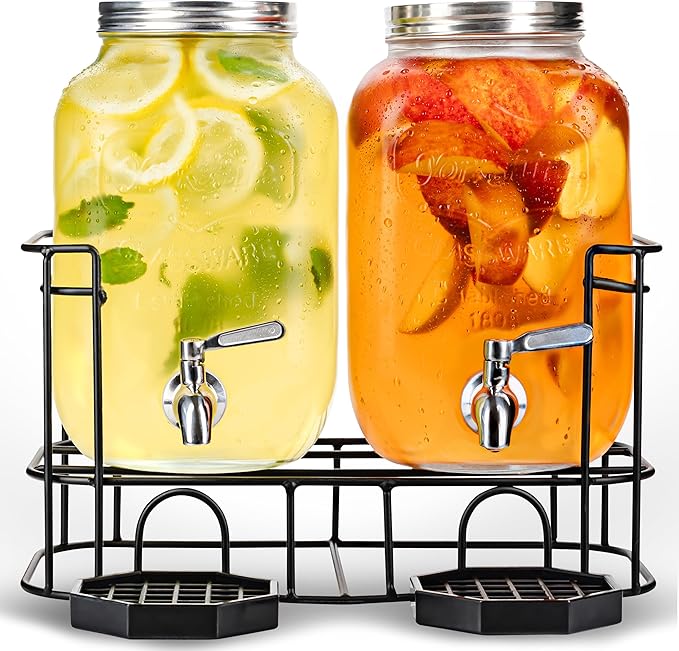 Dual Gallon Glass Beverage Dispensers with Metal Stand, Stainless Steel Spigot, Metal Lid and Drip Trays- Gallon Glass Yorkshire Mason Container for Kombucha Fermenting, Iced Tea and more