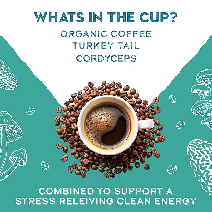 Organic Turkey Tail & Cordyceps Mushroom Coffee Dark Roast, Full Fruiting Body, Antioxidants, Immune System support, overall wellness | Grade 1 Single Origin Peruvian | 12oz - Ground