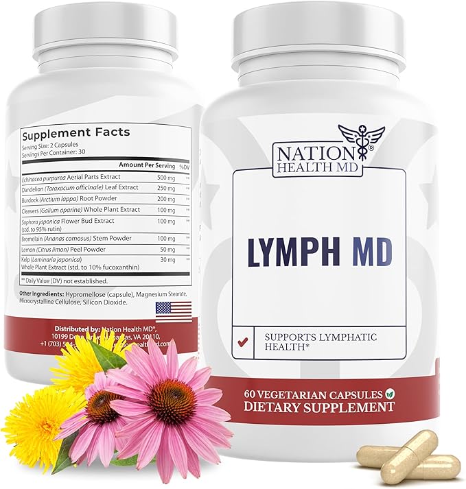 Lymph MD - Lymphatic Drainage Supplement - with Bromelain, Echinacea, Burdock Root, Dandelion, Rutin, Kelp & More - Lymph System Support for Women & Men - 60 Capsules