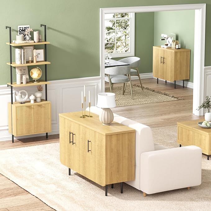 Vabches Fluted Natural Storage Cabinet, 2 Doors Modern Sideboard Buffet Cabinet with Adjustable Shelves and Metal Leg, Accent Cabinet for Living Room, Dining Room, Entryway (Natural & Black)
