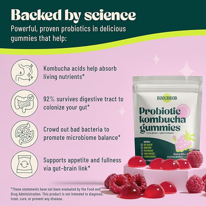 Probiotic Kombucha Gummy - Prebiotics, Probiotics, Postbiotics, Fiber Supplement, Slippery Elm, Dandelion Root, MCT Oil, for Bloating, Gut Health - Probiotics for Women and Men
