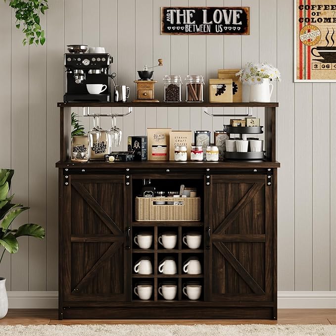 4ever2buy Farmhouse Coffee Bar Cabinet with LED Light & Mirror, 47” Buffet Cabinet with Sliding Barn Door,Coffee Bar with 4 Glass Hooks & 9 Wine Racks for Kitchen Dining Living Room, Brown
