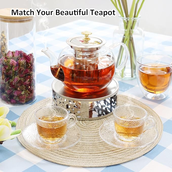 Tea Warmer Petals Silhouette, JUKFITA Silver Brushed Stainless Steel Teapot Warmer, Includes 1 Tealight Holder