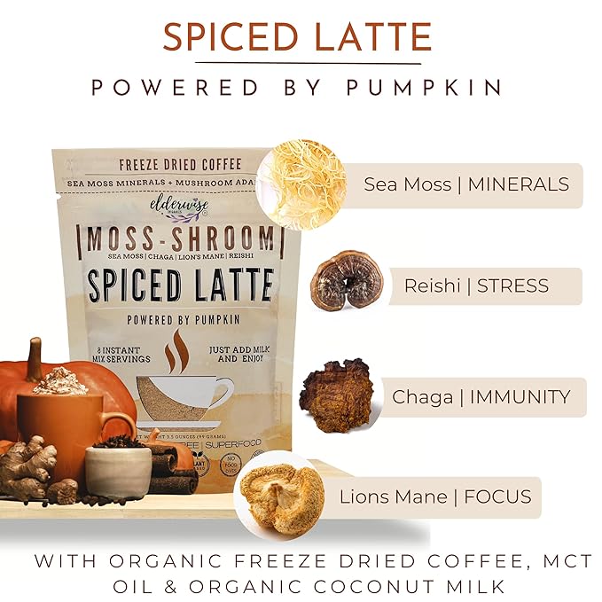 Elderwise Coffee Spiced Latte | Powered by Pumpkin & Mushrooms | Sea Moss, Chaga, Lion's Mane, Reishi | 8 Servings - Freeze Dried Instant - Chemical free - Fair Trade