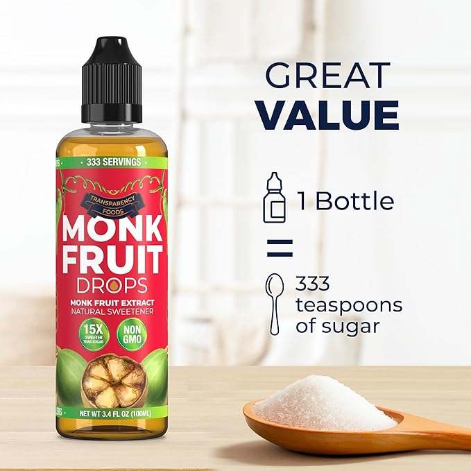 Monk Fruit Extract (6 Drops = 1 Tsp of Sugar) Zero Calories, Non-GMO, No Fillers - Liquid Monk Fruit Sweetener No Erythritol by Transparency Foods NEW FORMULA (3.4oz, 333 servings)