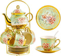 20 Pieces Porcelain Tea Set With Metal Holder, European Ceramic tea set for adults,Flower Tea Set,Tea Set For Women With Flower Painting（Light Green）
