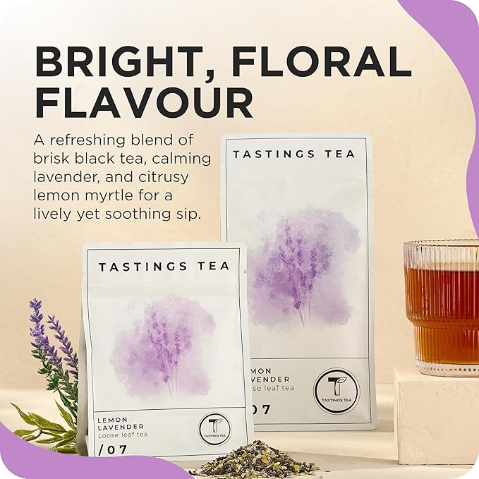 Tastings Tea Lemon Lavender Loose Leaf, 4.5 oz | Black Citrus Blend & Fruit Infusion | Medium Caffeine | Natural Antioxidants for Wellness | Small Batch & Sustainably Sourced | Resealable Pouch