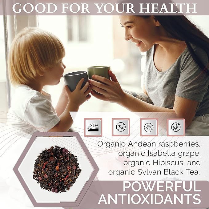 Organic Hibiscus Pinot Noir & Raspberry Black Tea Bags | Natural Antioxidants | 15 Sachet Hot Morning Tea 100% Real ingredients | T SECRETEA