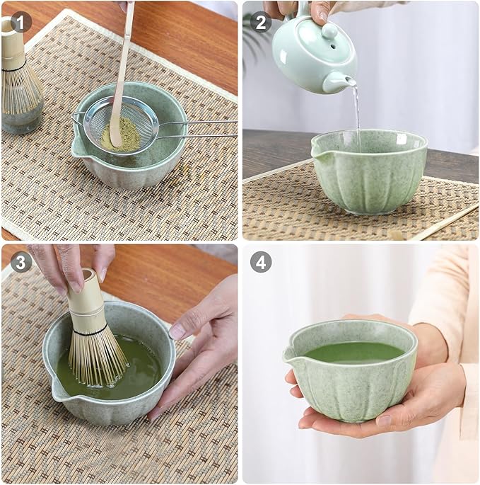 Matcha Whisk Set, 5 Pcs Matcha Set includes Matcha Whisk and Bowl with Spout, Stainless Sifter, Bamboo spoon, Ceramic Holder, 17 oz Mottled Green Glaze Ceramic Matcha Kit for Tea Lovers
