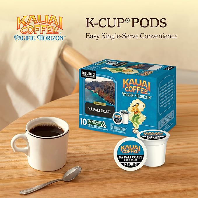 Kauai Coffee K-Cup Pods for Keurig Brewers – Arabica Coffee, 10% Hawaiian – Dark Roast, Nutty with Sweet Chocolate Overtones – Na Pali Coast, 2 Pack of 10 Single Serve K-Cups