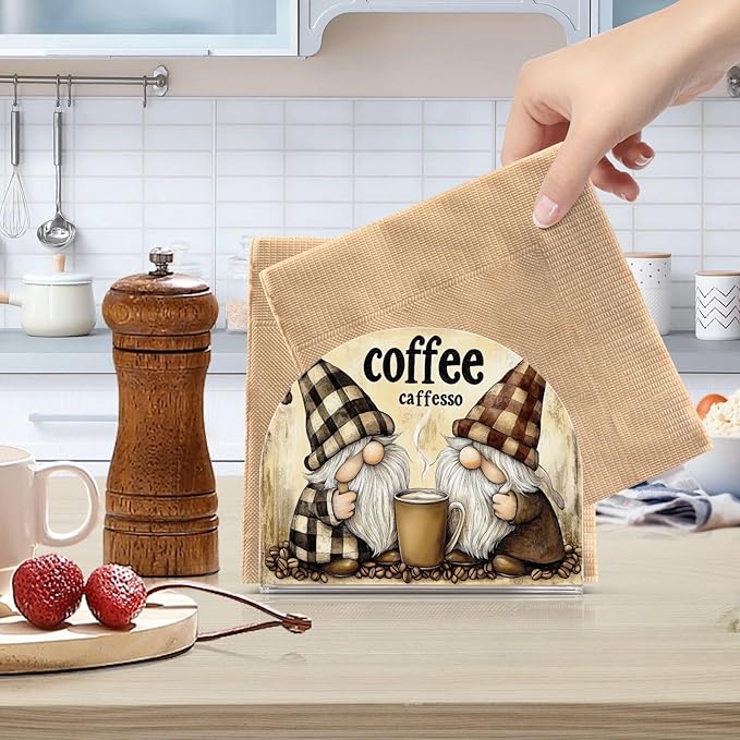 Cute Gnomes Coffee Napkin Holder for Tables, Kitchen Acrylic Paper Napkin Holders Freestanding Tissue Dispenser Paper for Indoor Outdoor Decor