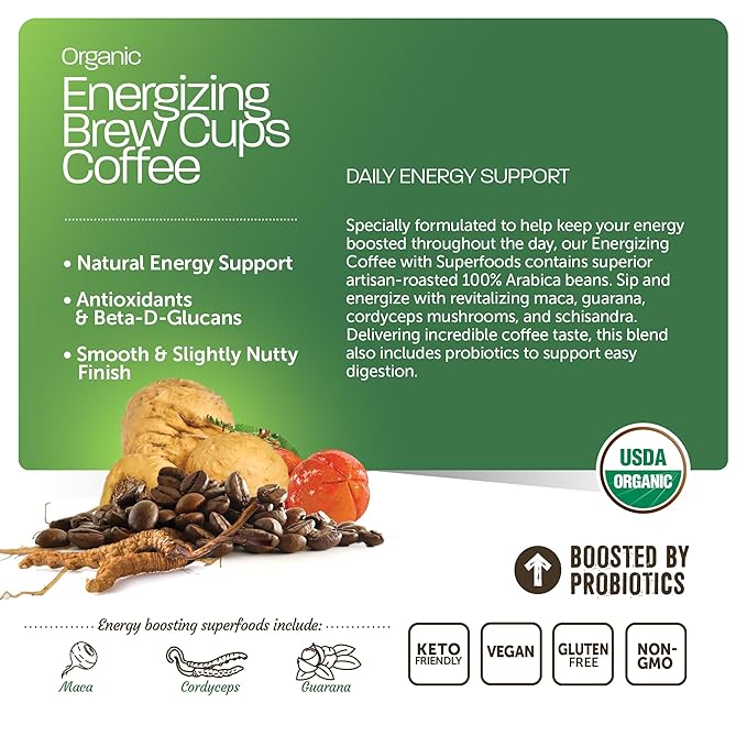 Energizing Organic Coffee Pods – Medium Roast with Superfoods & Probiotics – Infused with Maca, Guarana, Cordyceps Mushroom Extract, Schisandra – Vegan, Gluten-Free - 10 Recyclable Single Serve K-Cups - 6 Pack