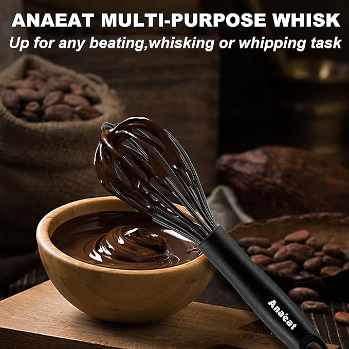 Anaeat Silicone Kitchen Whisk Set of 4, Perfect for Non-Stick Cookware, Egg Beater Milk Blender for Whisking, Cooking, Baking, Beating - 11'' Flat Whisk and 9''+11''+12'' Balloon Whisks (Black)