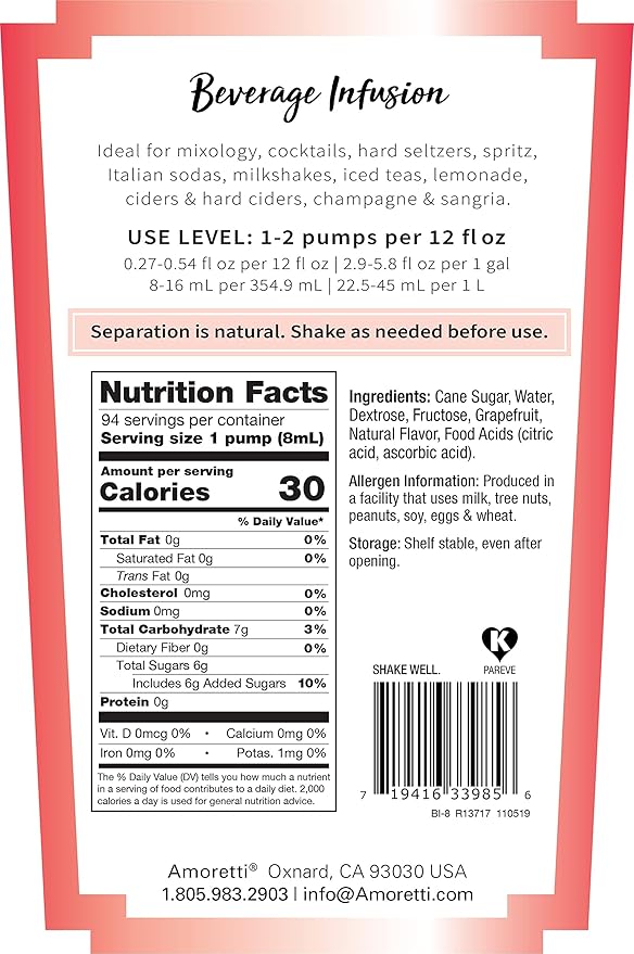 Amoretti - Grapefruit Beverage Infusion, 94 Servings Per Bottle (750 ml) - Drink Mix & Water Enhancer with Pump for Flavoring Cocktails, Waters, Teas, and other Beverages, Preservative Free