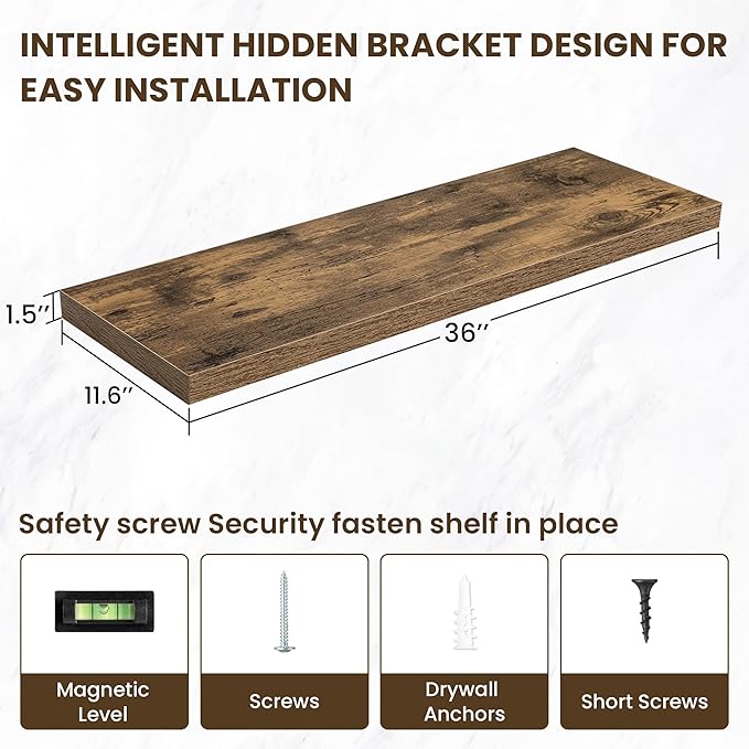 36 Inch Floating Shelves, 12 Inch Deep Floating Shelves for Wall, Floating Shelf with Invisible Brackets, Deep Shelves for Bathroom, Bedroom, Living Room, 2 Pack, Brown