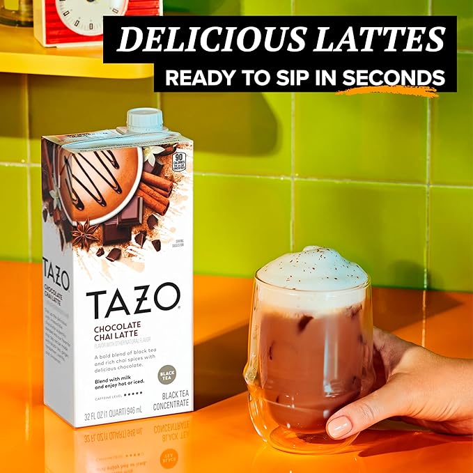 TAZO Tea Concentrate, Chocolate Chai Latte, Strawberry Matcha Latte, Iced Peach Mango 32 Fl Oz (2ea) (Variety Pack)
