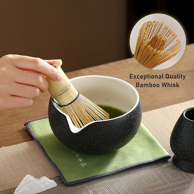 Matcha Whisk Set, Ceramic Matcha Bowl with Spout, Bamboo Whisk, Scoop, Sifter, Holder, Tea Towel, 7-Piece Matcha Kit for Making Breakfast/Latte