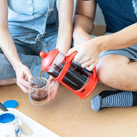 OVENTE French Press Coffee Maker 34 Ounce with Heat Resistant Borosilicate Glass & Stainless Steel 4-Level Filtration System, Portable Cold Brew Coffee Maker for Travel, Camping or Gift, Red FPT34R