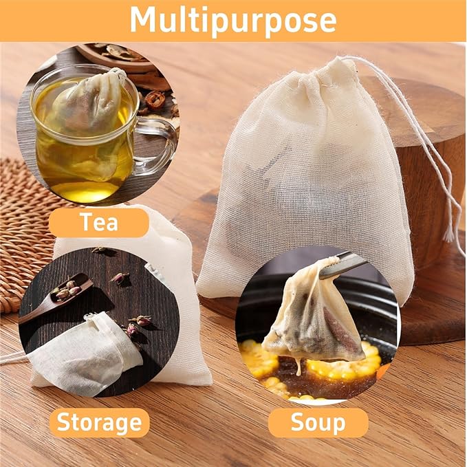 [40PCS Natural] Reusable Cotton Muslin Drawstring Bags – 20pcs 4x6" + 20pcs 3x4" Unbleached Tea Filter Bags for Loose Leaf Tea,Herbs,Spices,Soup,Cold Brew Coffee,DIY Sachets,Eco-Friendly & Washable