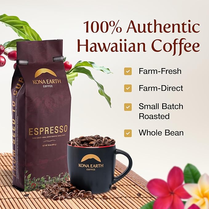 Kona Earth - Dark Roast Hawaiian Espresso, Whole Bean, 1lb (16 oz) Farm-Direct coffee beans from Hawaii’s Big Island, Micro-Batch-Roasted