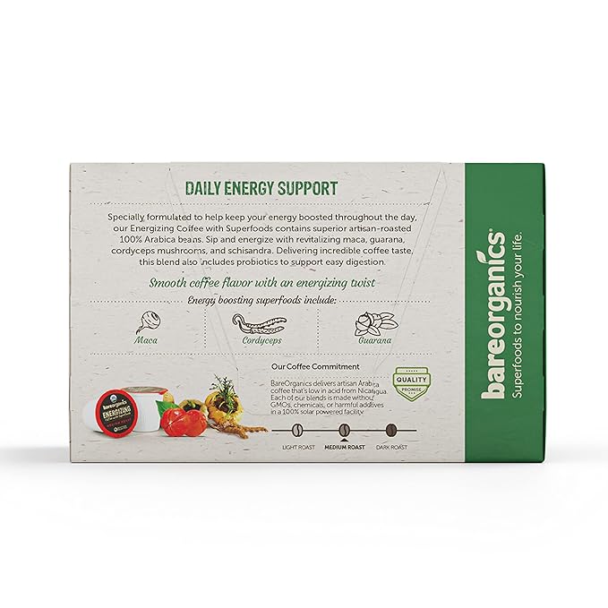BareOrganics ENERGIZING USDA Organic Coffee Pods Infused with Superfoods & Probiotics, Keurig K-Cup Compatible, Vegan, Gluten Free, 20 Single (Pack of 2)