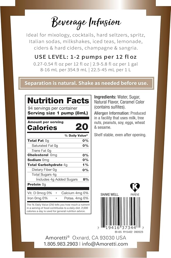 Amoretti - Espresso Coffee Beverage Infusion, 94 Servings Per Bottle (750 ml) - Drink Mix & Water Enhancer with Pump for Flavoring Cocktails, Waters, Teas, and other Beverages, Preservative Free