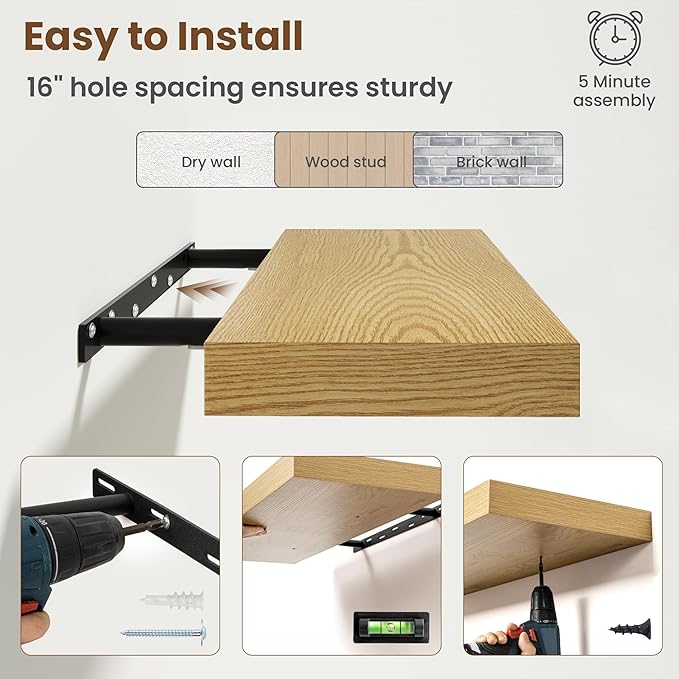 24 Inch Floating Shelves for Wall, 8 Inch Deep Floating Shelf for Storage & Display, Rustic Wall Mounted Shelf with Invisible Brackets for Living Room, Kitchen, Bathroom, Home Decor, Set of 2, Oak