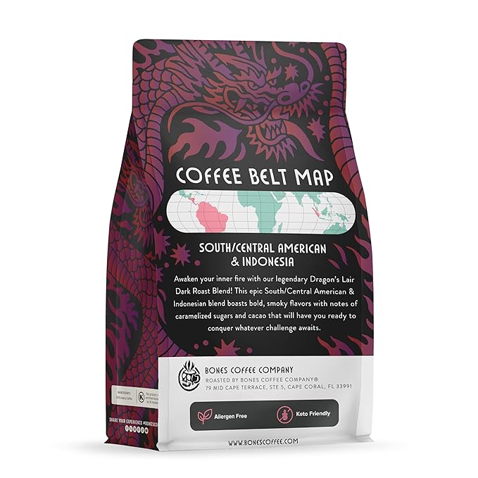 Bones Coffee Company Dragon's Lair, Smokey, Cacao and Caramelized Sugar Notes, Unflavored Coffee, Medium Roast Low Acid Arabica Beans Compatible with Auto drip and French Press Coffee Maker, 12 Oz Ground